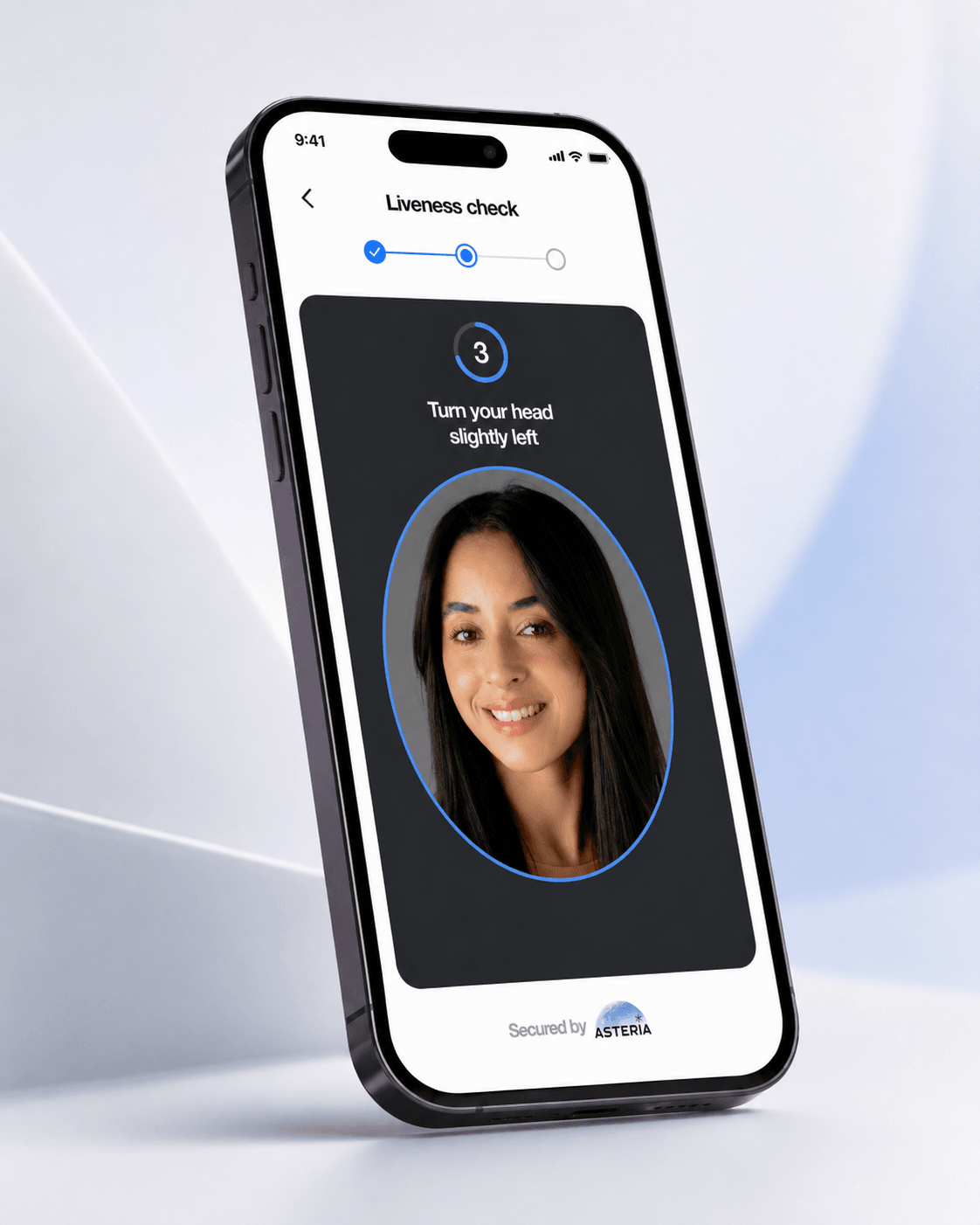 ASTERIA KYC liveness check with callouts — face matched, liveness passed, hold-still capture guidance, and verification-in-progress signals